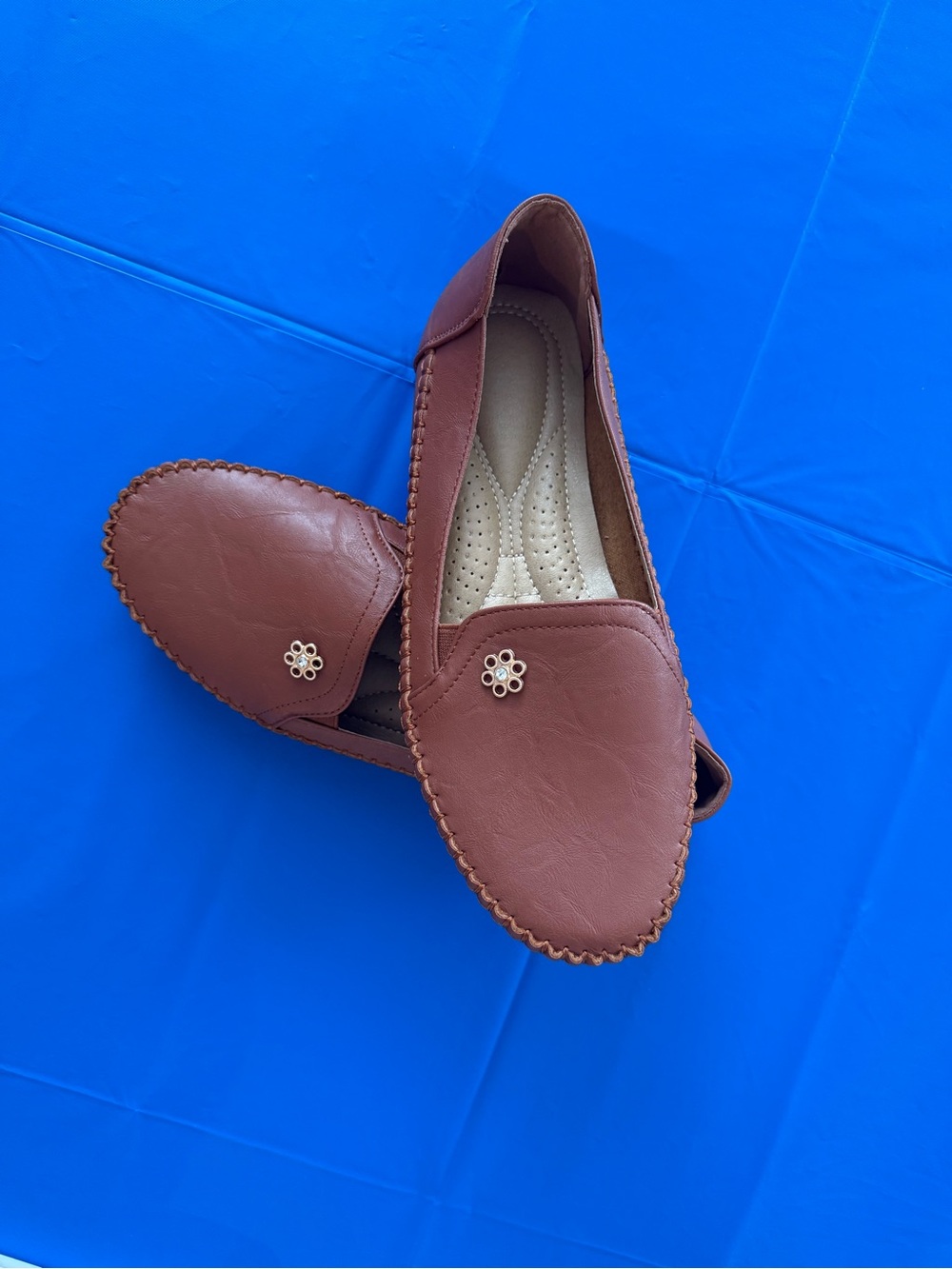 Women's Brown Slip-On Loafers with Small Floral Accent